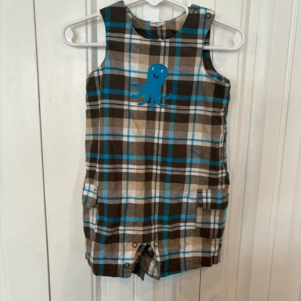 Carter’s Brown And Blue‎ Plaid Octopus Romper Size 9 Months